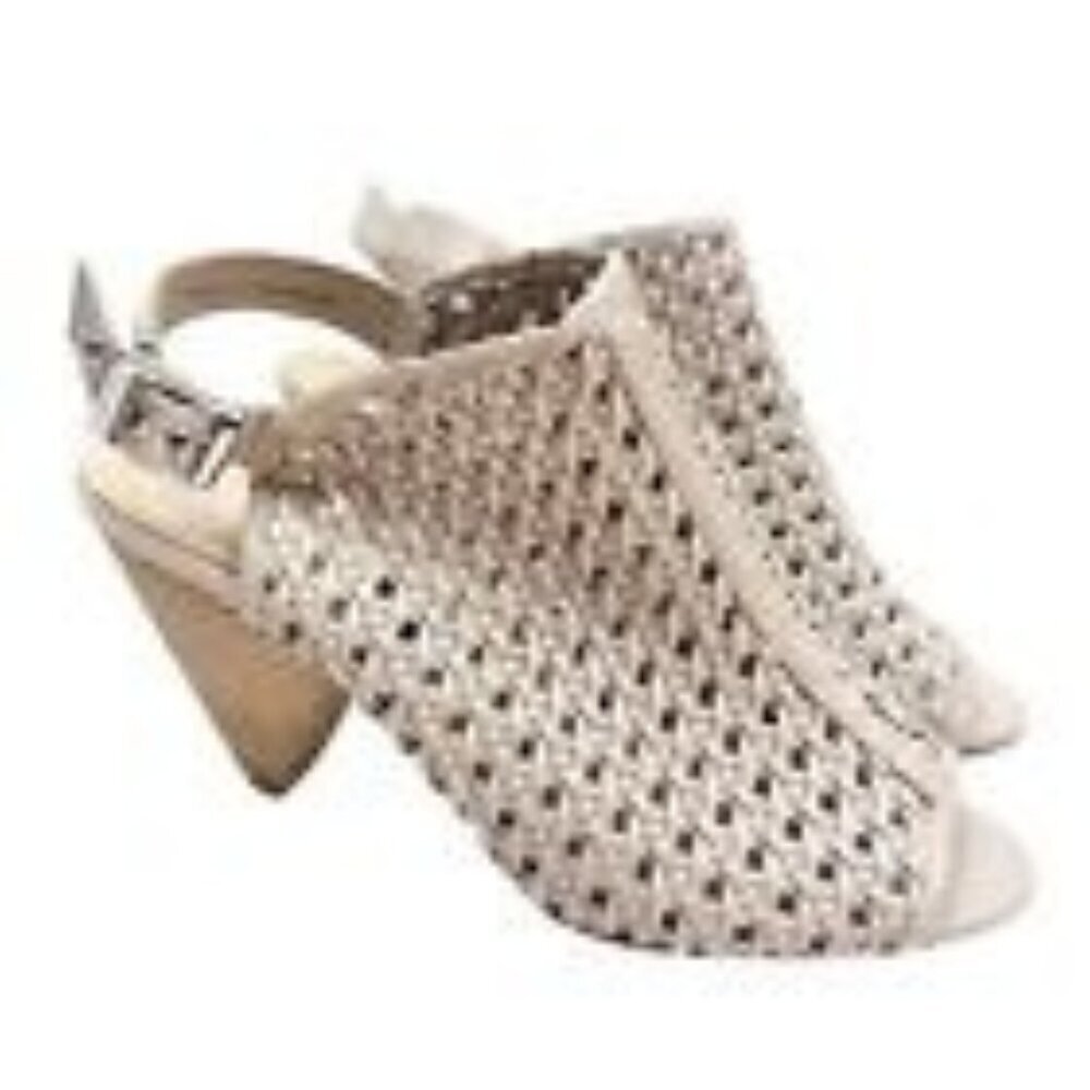 Vince Camuto Eianna Gray Woven Leather Cone Heel Slingback Sandals